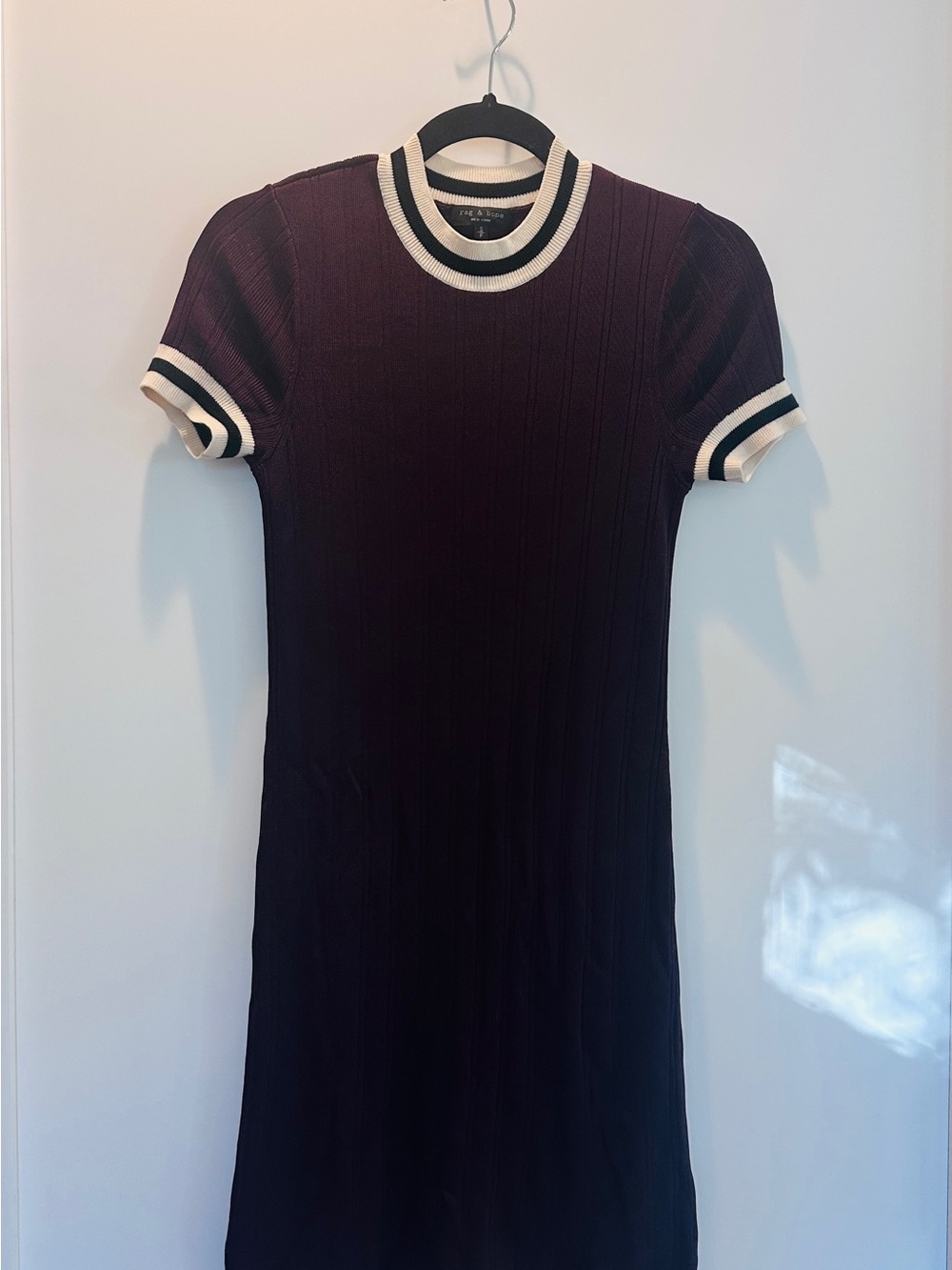 rag & bone Burgundy Ribbed Knit Varsity Stripe Mini Dress S